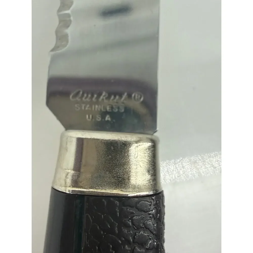 Quikut Stainless USA Steak Knives Set 6 Serrated BrownHandles Vintage Flatware